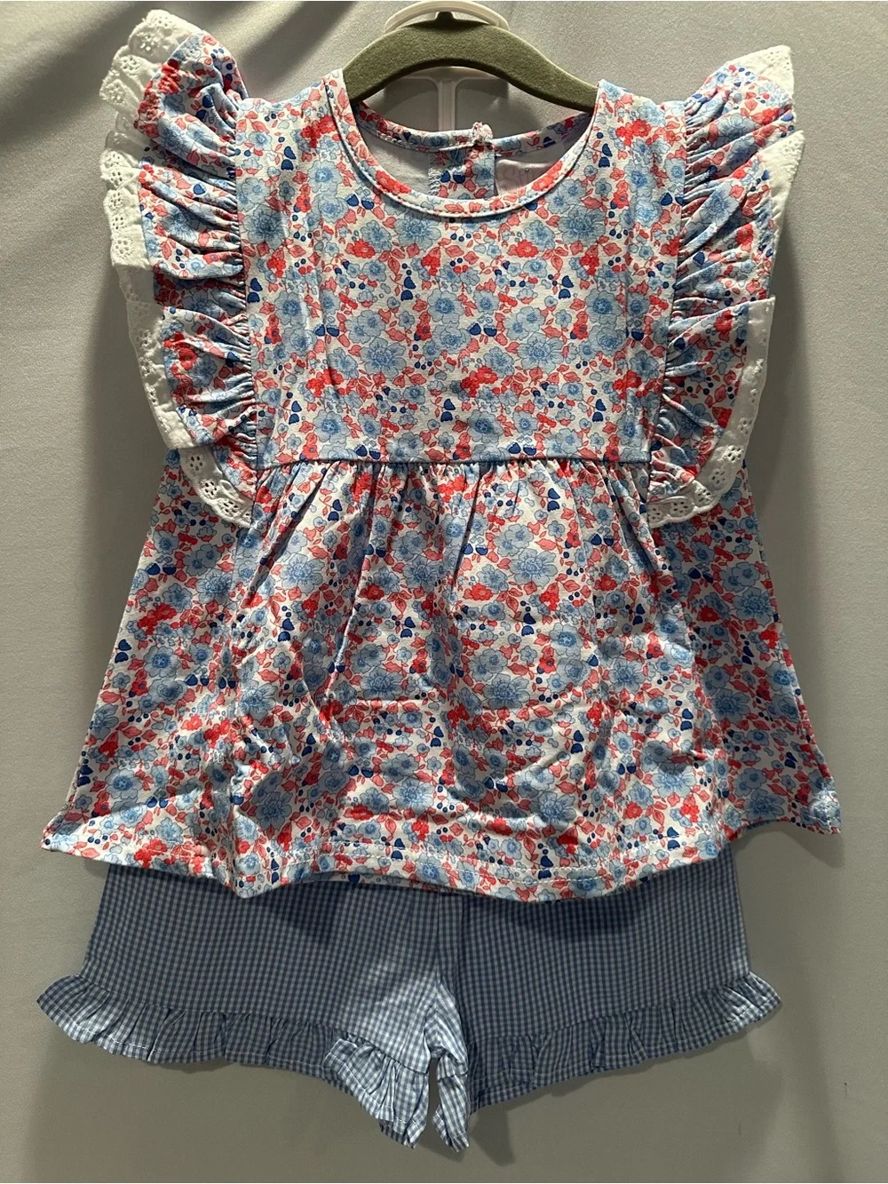 Girls Floral Ruffle Sleeve Top with Gingham Shorts